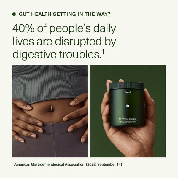 A split-screen creative that pairs a relatable health pain point with a clear product solution, backed by a cited statistic.